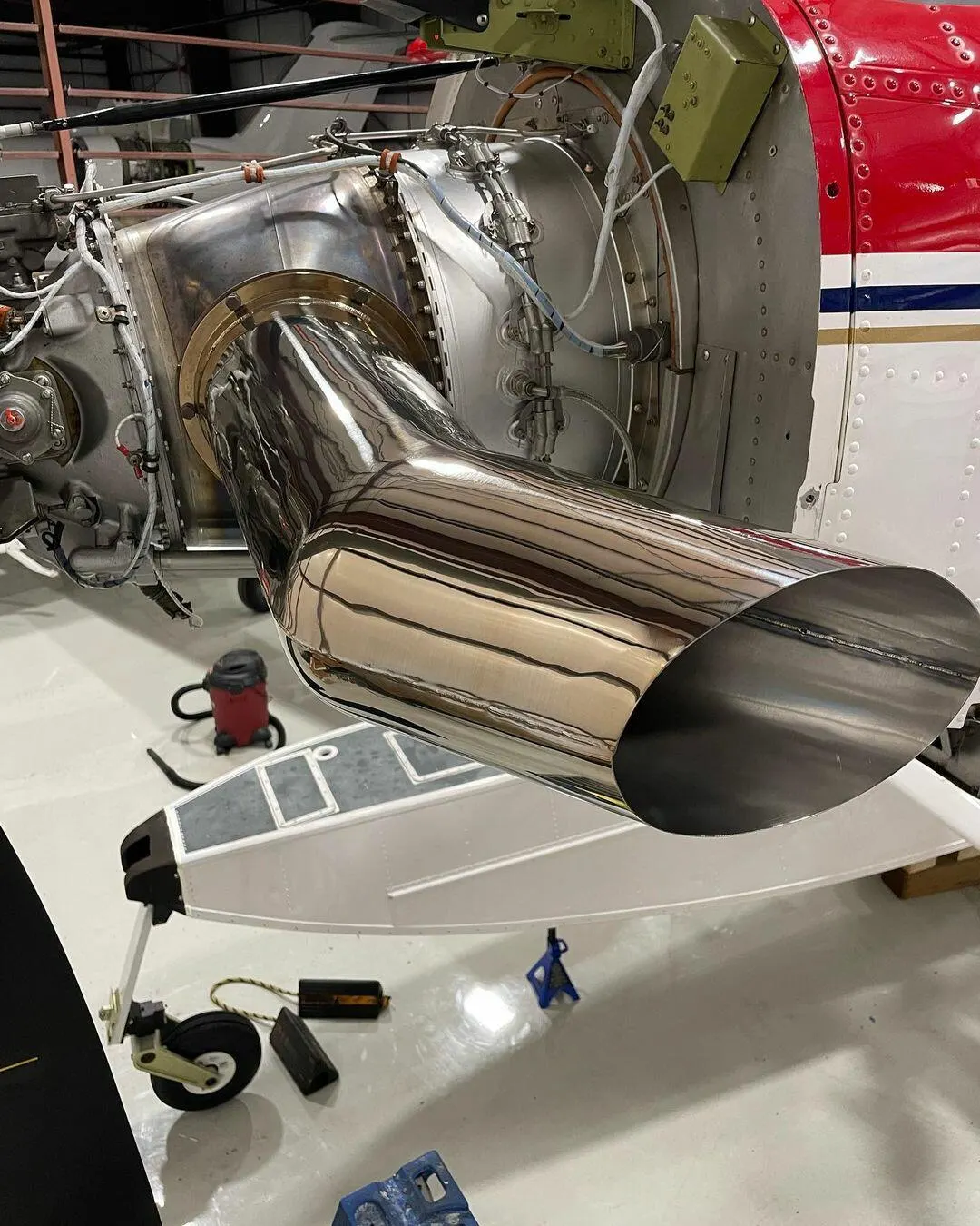 Mirror-polished stainless exhaust stack after brightwork restoration
